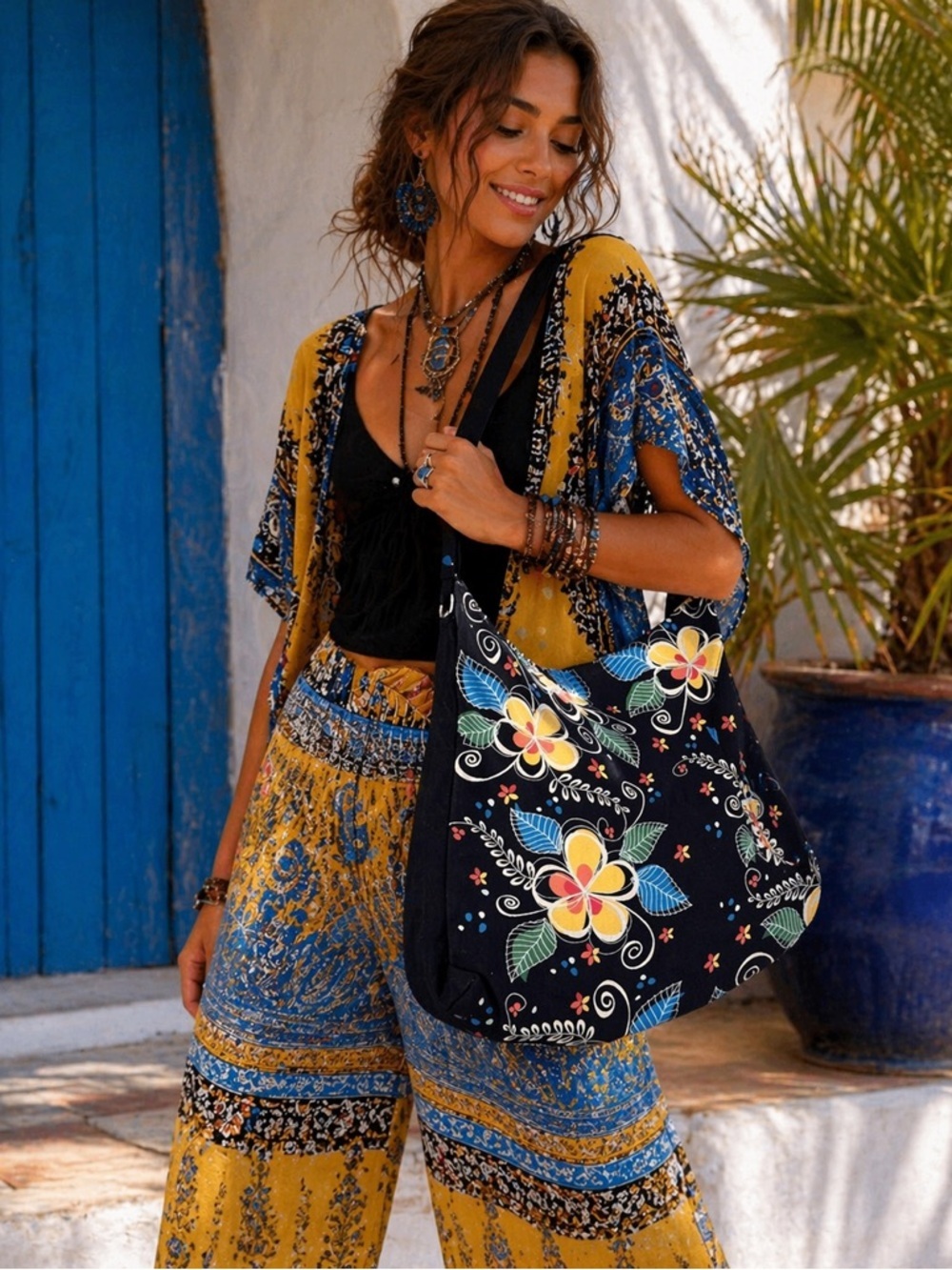 Floral Canvas Shoulder Bag Boho Tote Purse Black Multicolor Zipper Casual Travel